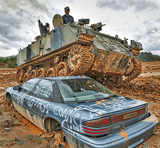 Tank crushing car in muddy battlefield driving experience