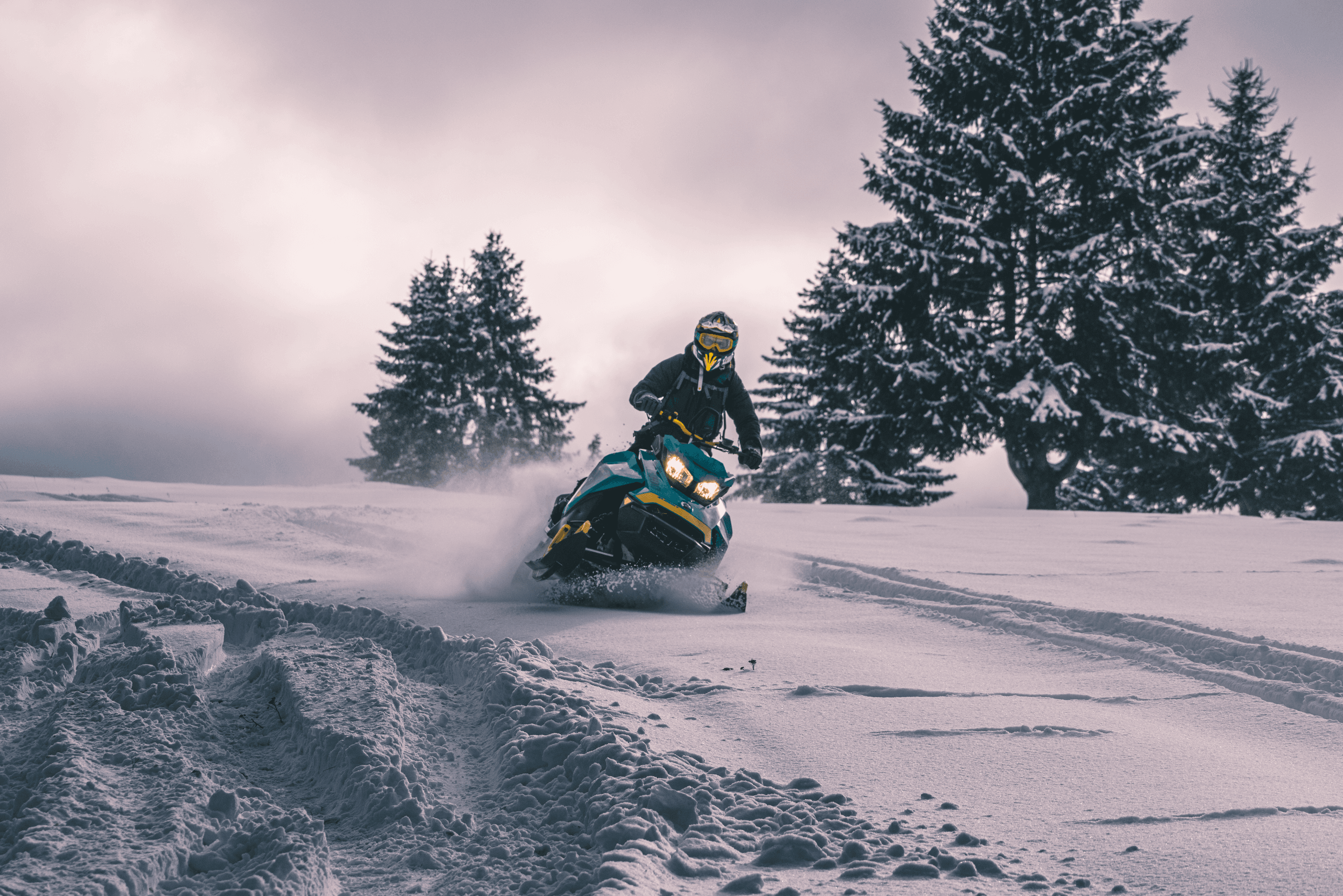 Snowmobile carving through snowy forest terrain, winter mountains