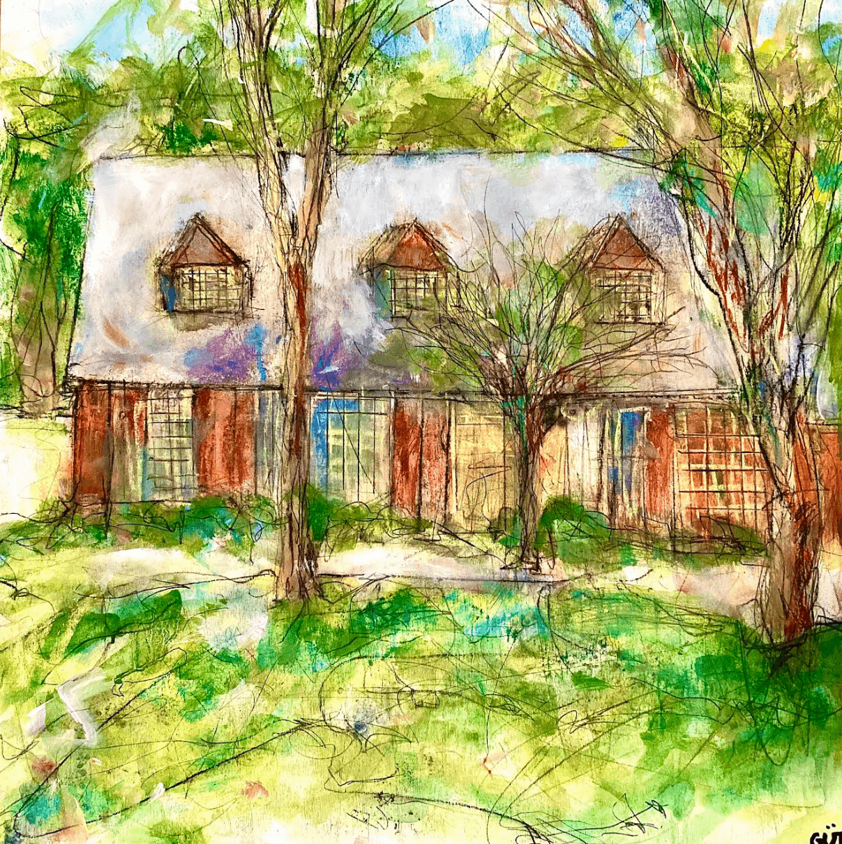 Watercolor cottage painting showing lush yard and trees