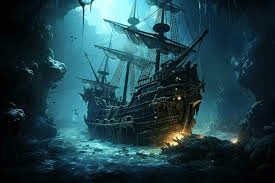Ghost ship sailing through stormy night sea, dramatic voyage