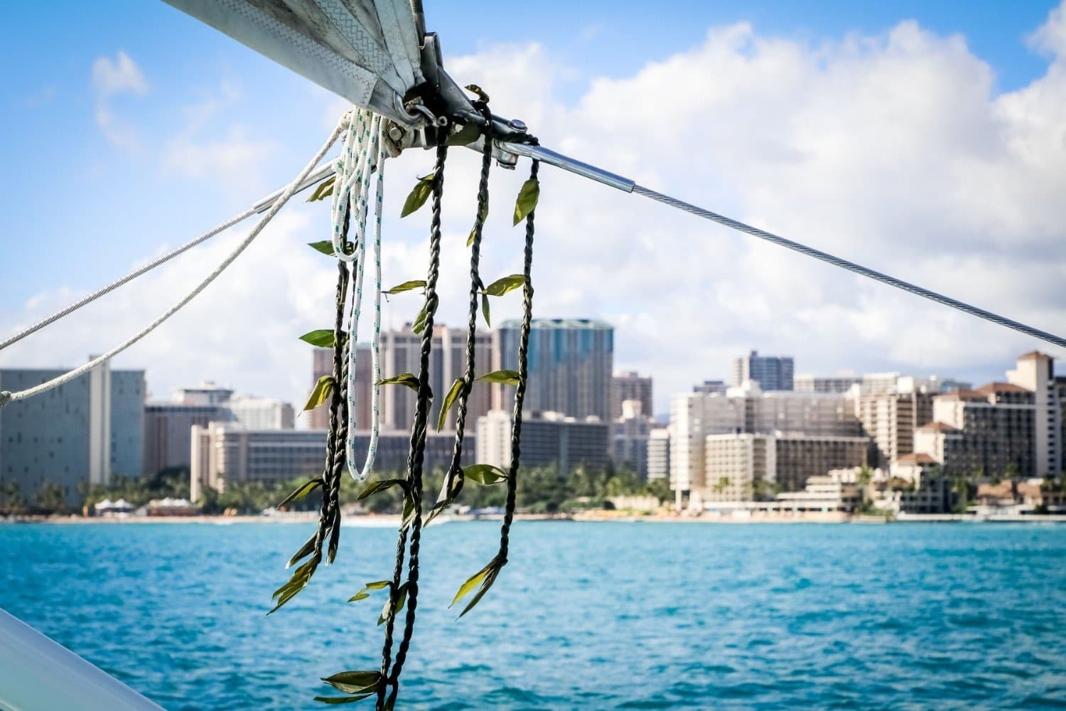 Sail rigging and lines framing Honolulu skyline viewed from bow