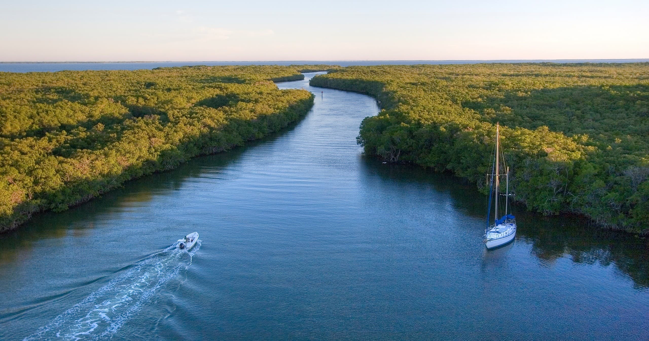 Sailboat and powerboat navigating mangrove river inlet