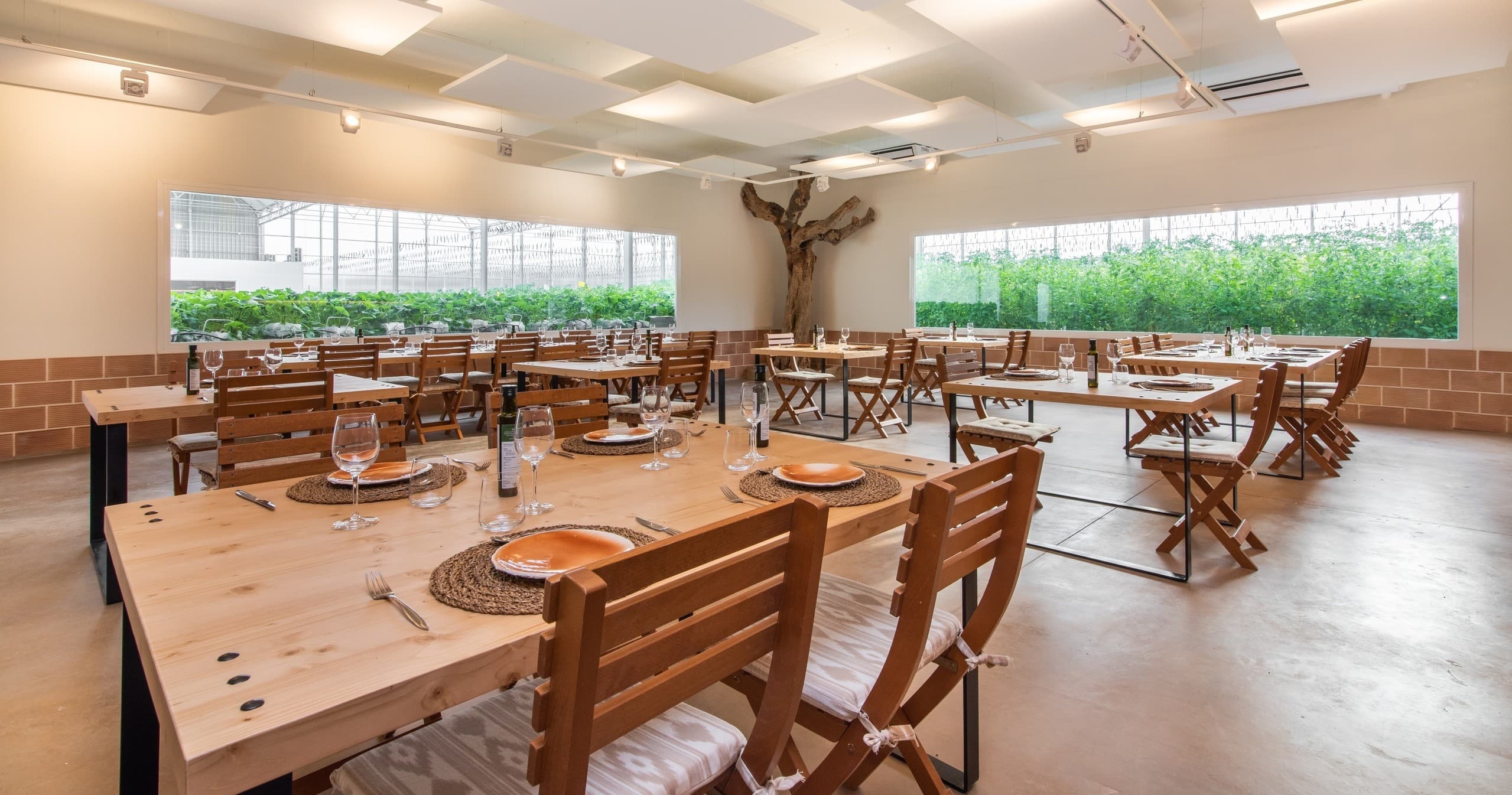 Indoor rustic dining room with wooden tables and chairs