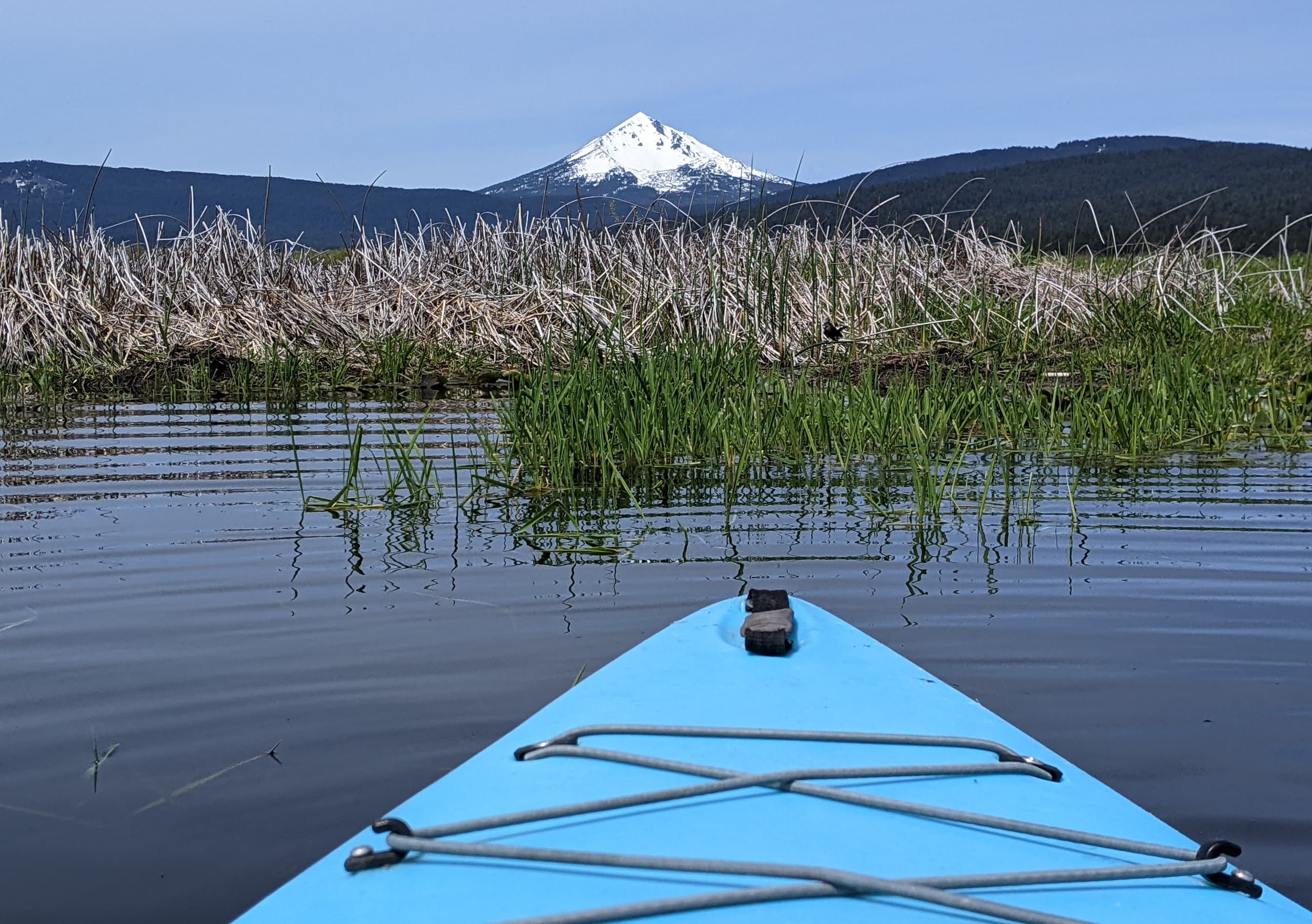 Kayak bow leading to snowcapped mountain across marsh lake