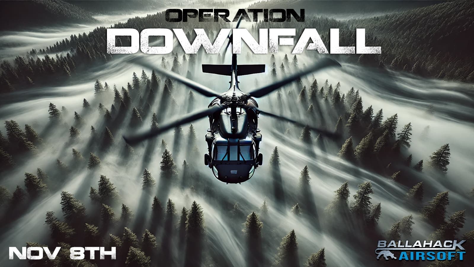 Helicopter air support over misty pine forest for airsoft operation