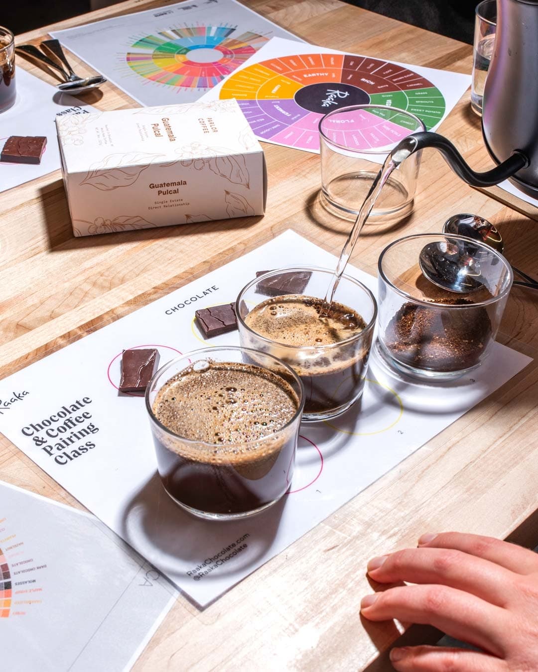 Chocolate and coffee pairing tasting on wooden workshop table