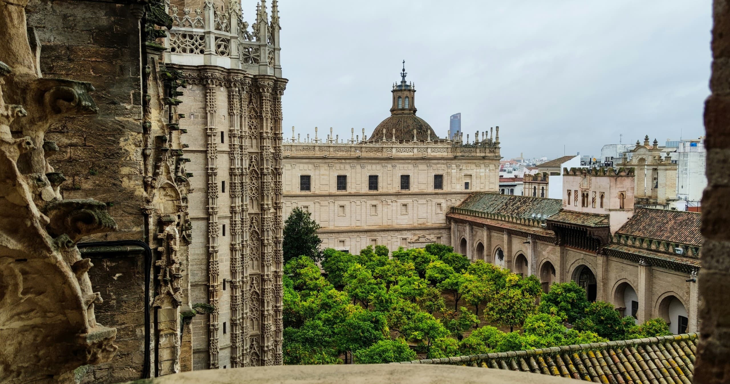 Cathedral cloister view with gardens, historic Andalusia site