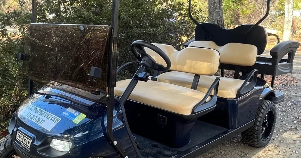 Blue two-row golf cart parked by trees on rustic outdoor trail