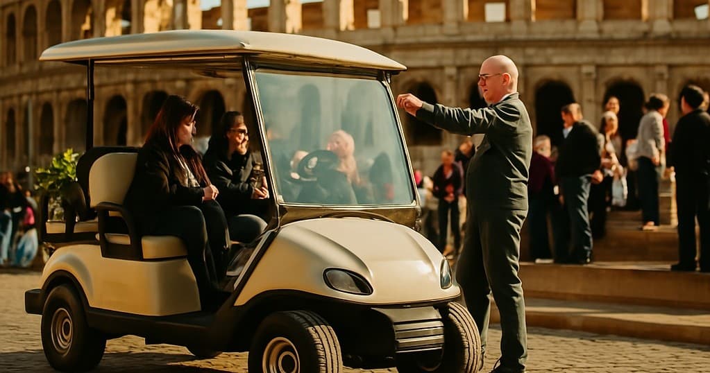 Guided golf-cart city tour near ancient amphitheater in Rome