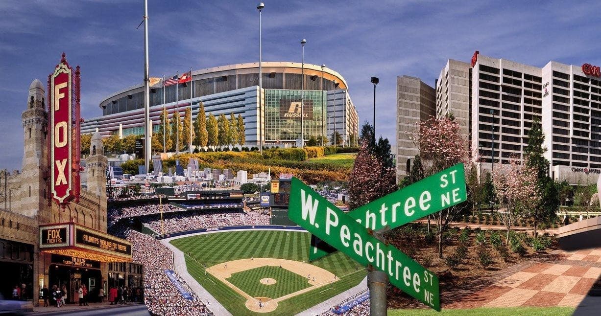 Atlanta baseball stadium with Peachtree Street sign and fan plaza