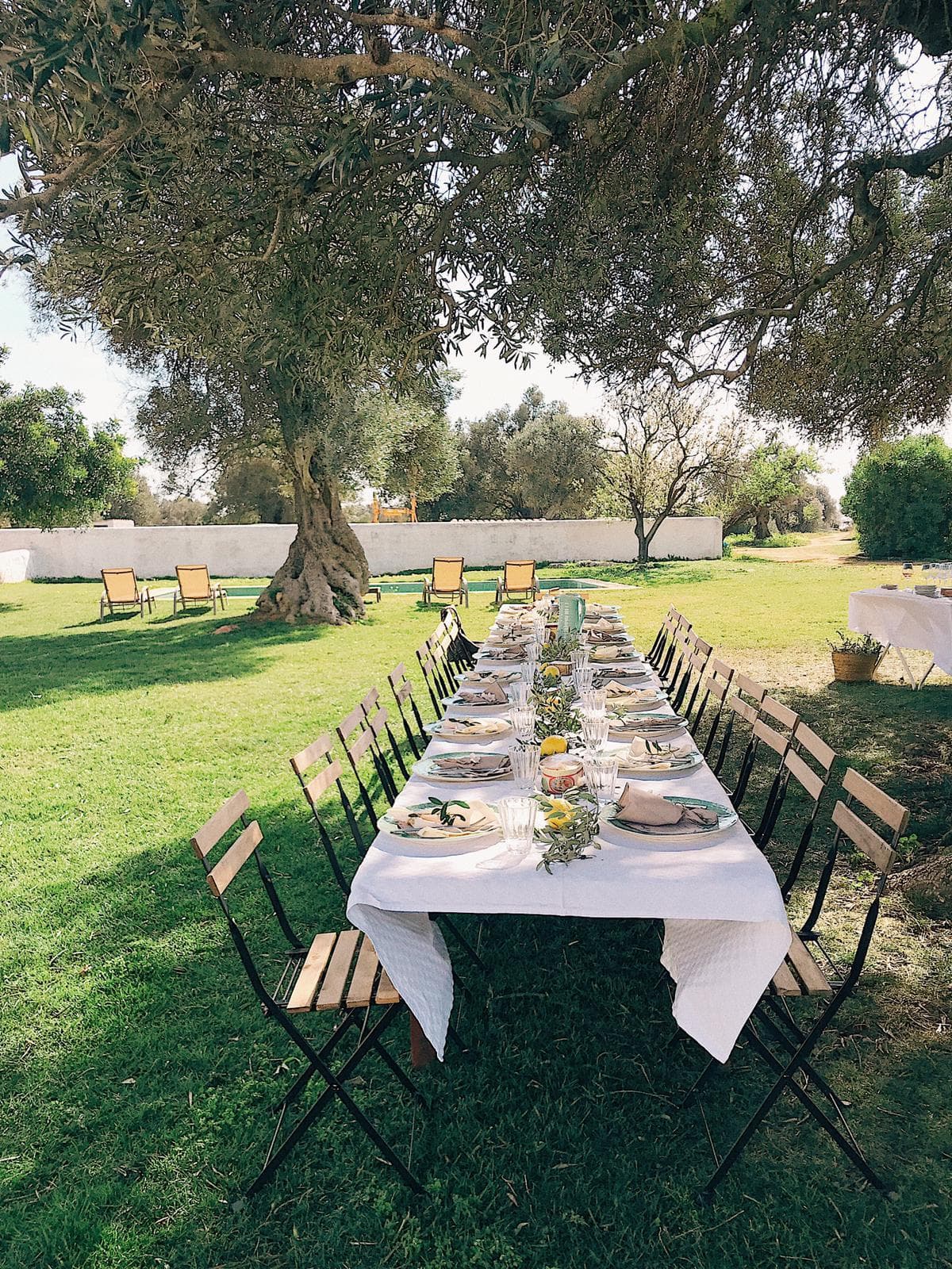 Outdoor vineyard picnic table set under oak, Quinta garden feast