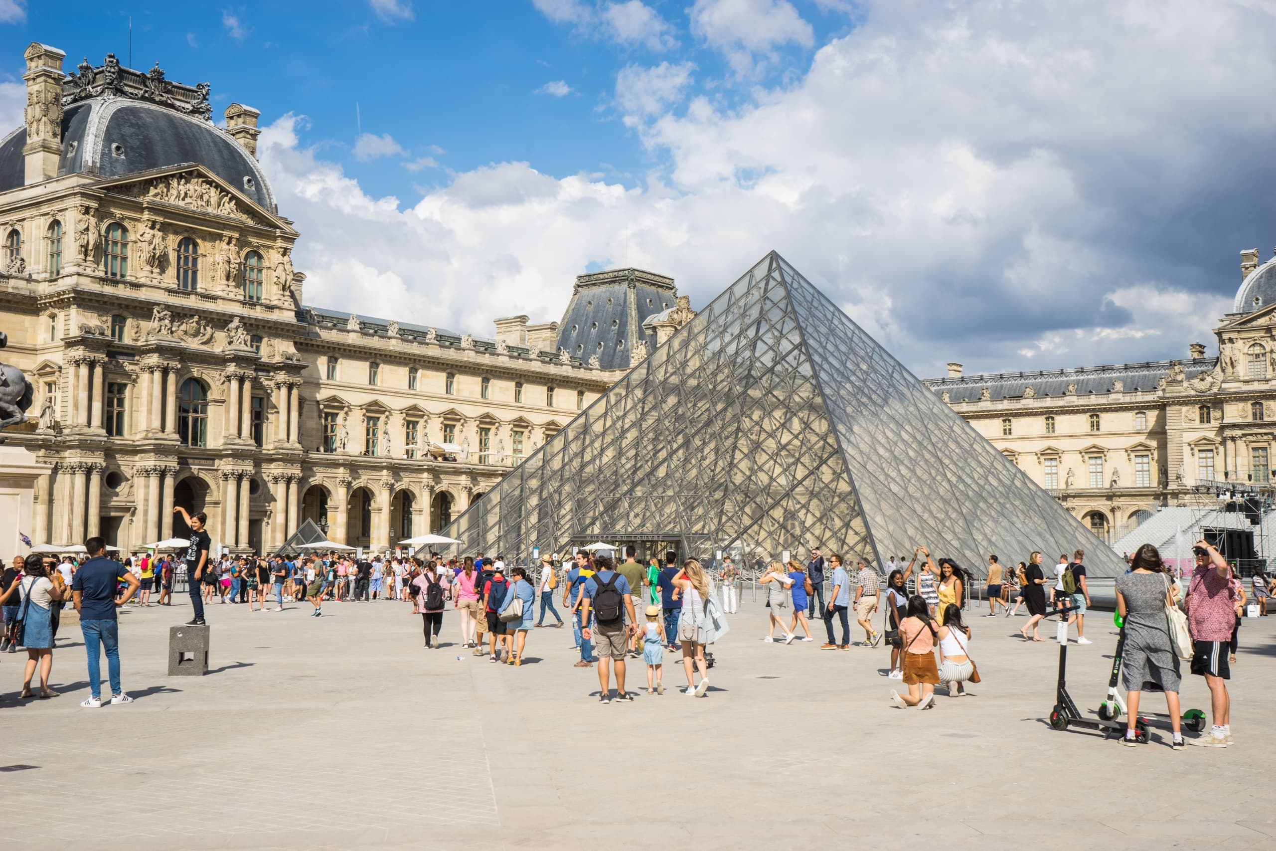 Louvre Pyramid and Tuileries courtyard, outdoor museum scene