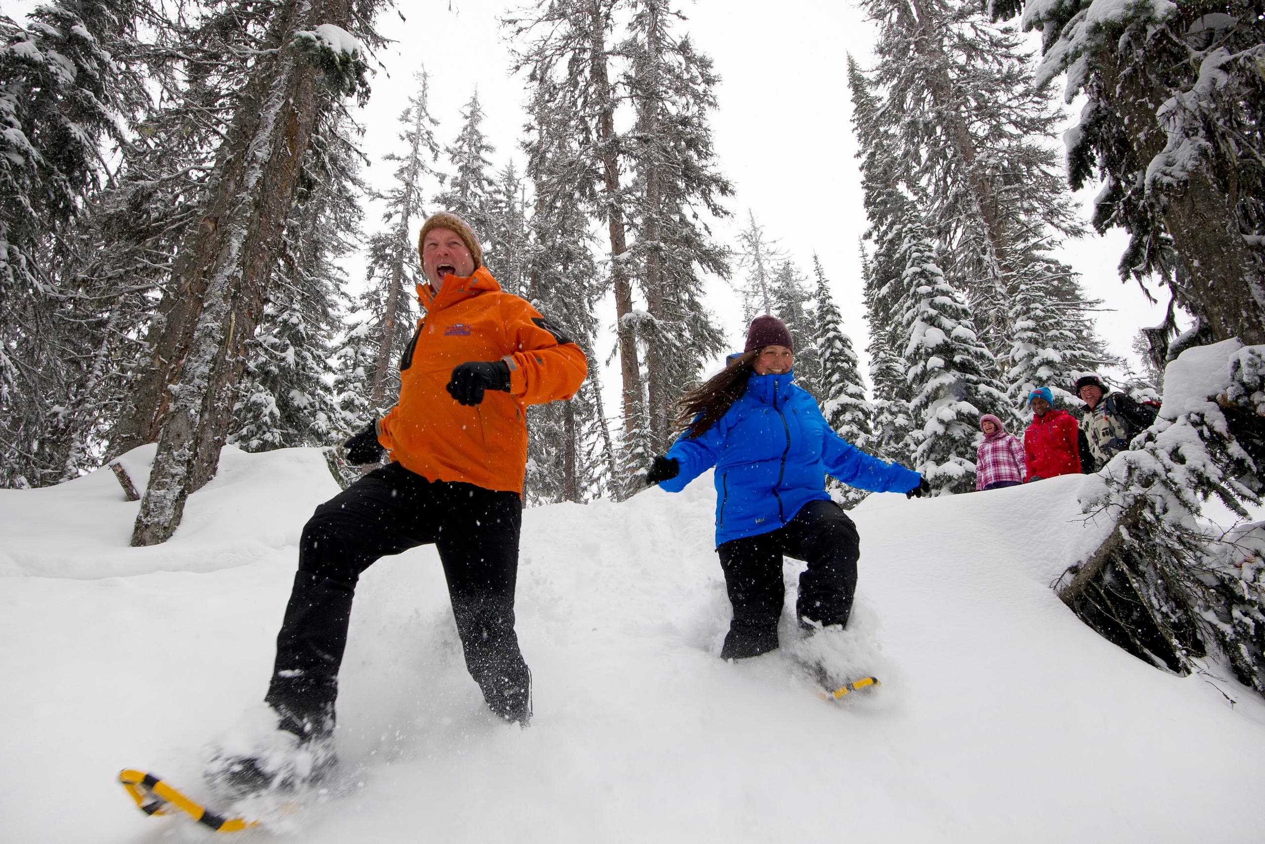 Snowshoers descending a snowy forest slope enjoying winter adventure