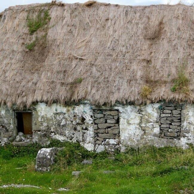 Traditional thatched cottage exterior in rural stone landscape