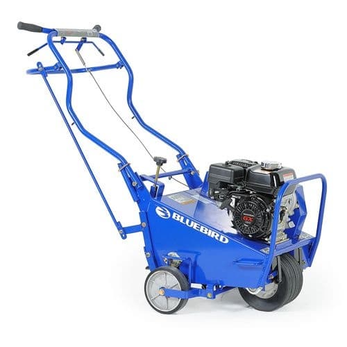 Blue walk-behind turf aerator powering outdoor lawn renovation tasks