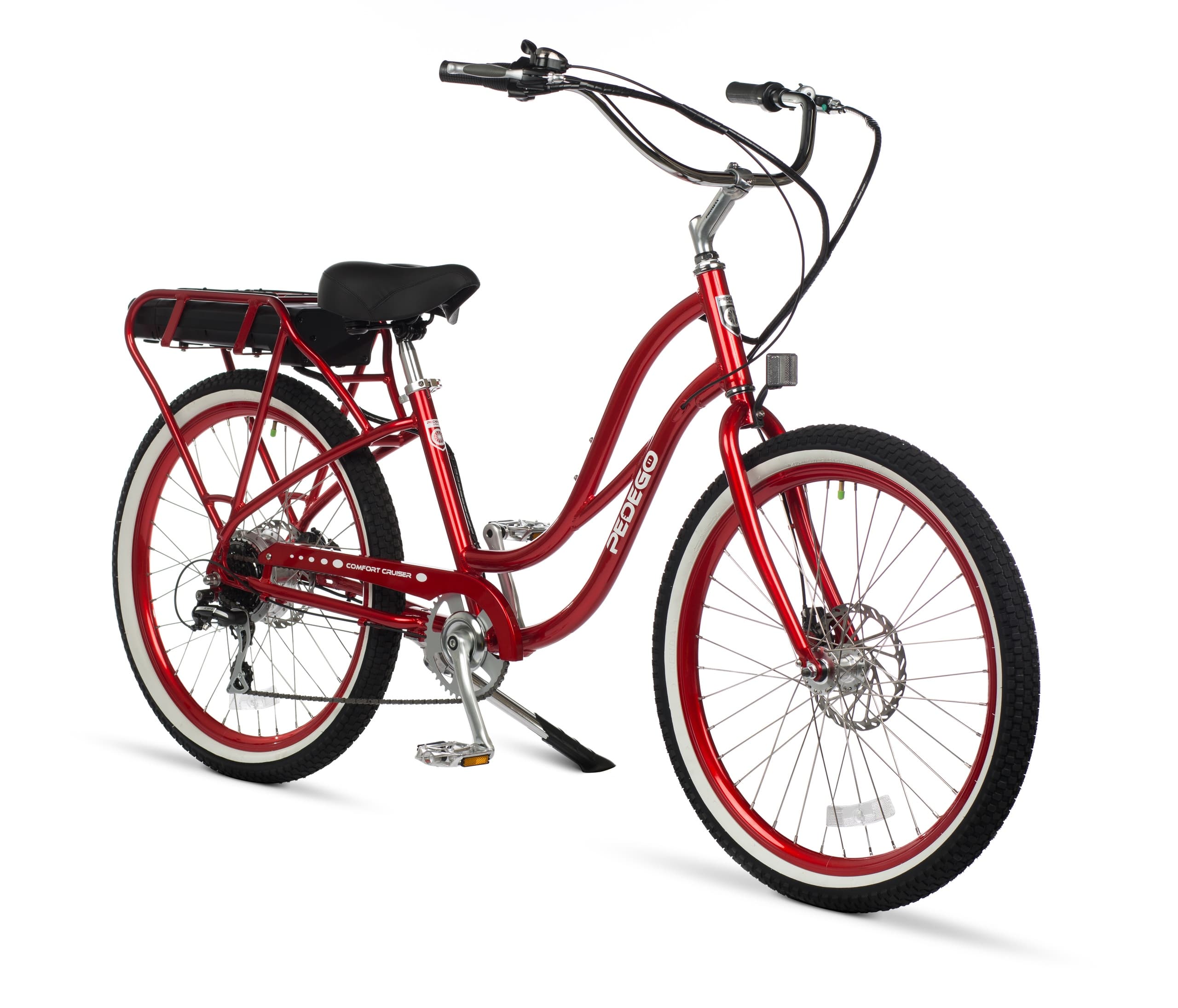 Red Pedego electric cruiser bike on white studio backdrop