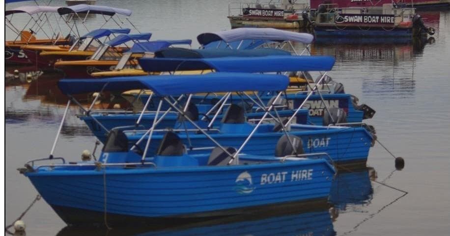 Blue hire boats lined up on calm riverfront, tour vessels