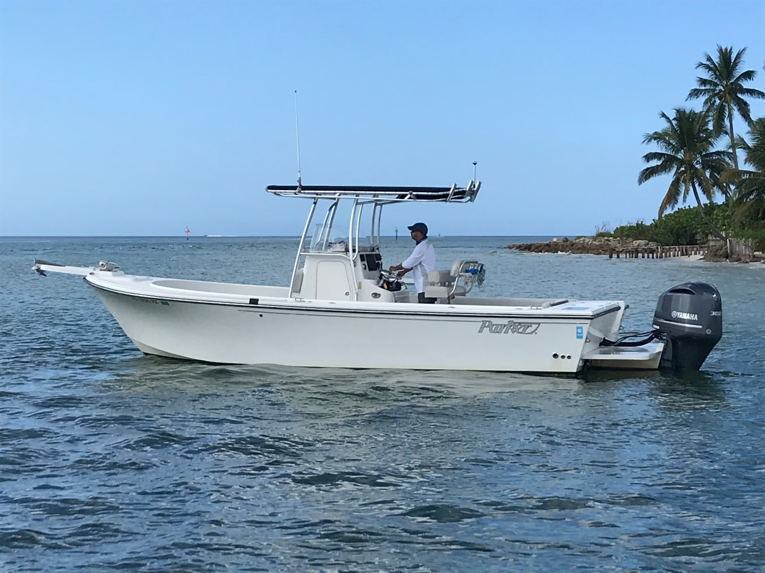 Small fishing boat on coastal water with palm trees and reef