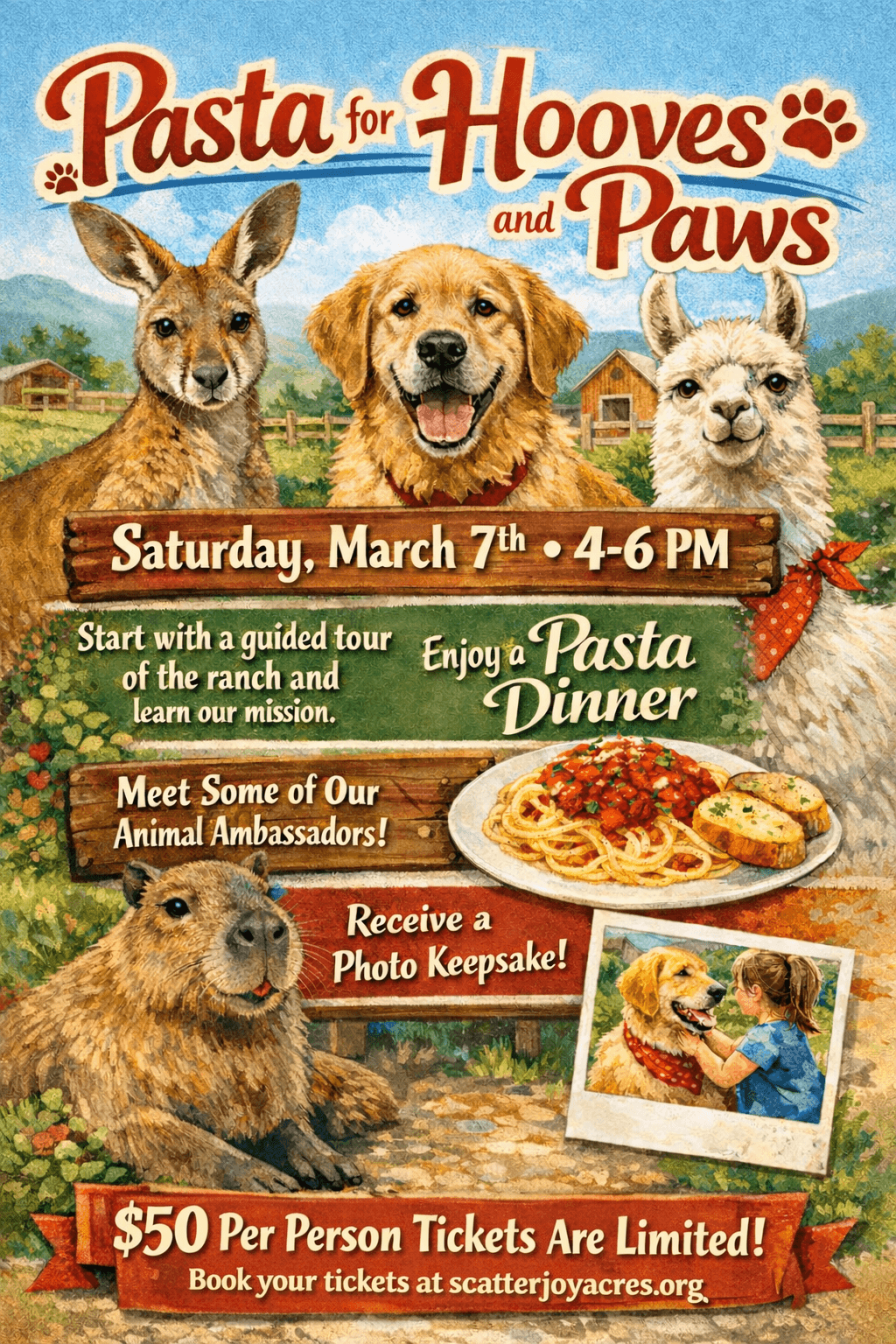 Pasta for Hooves and Paws at Scatter Joy Acres: Ranch Dinner & Animal Ambassadors Near Murray, NE