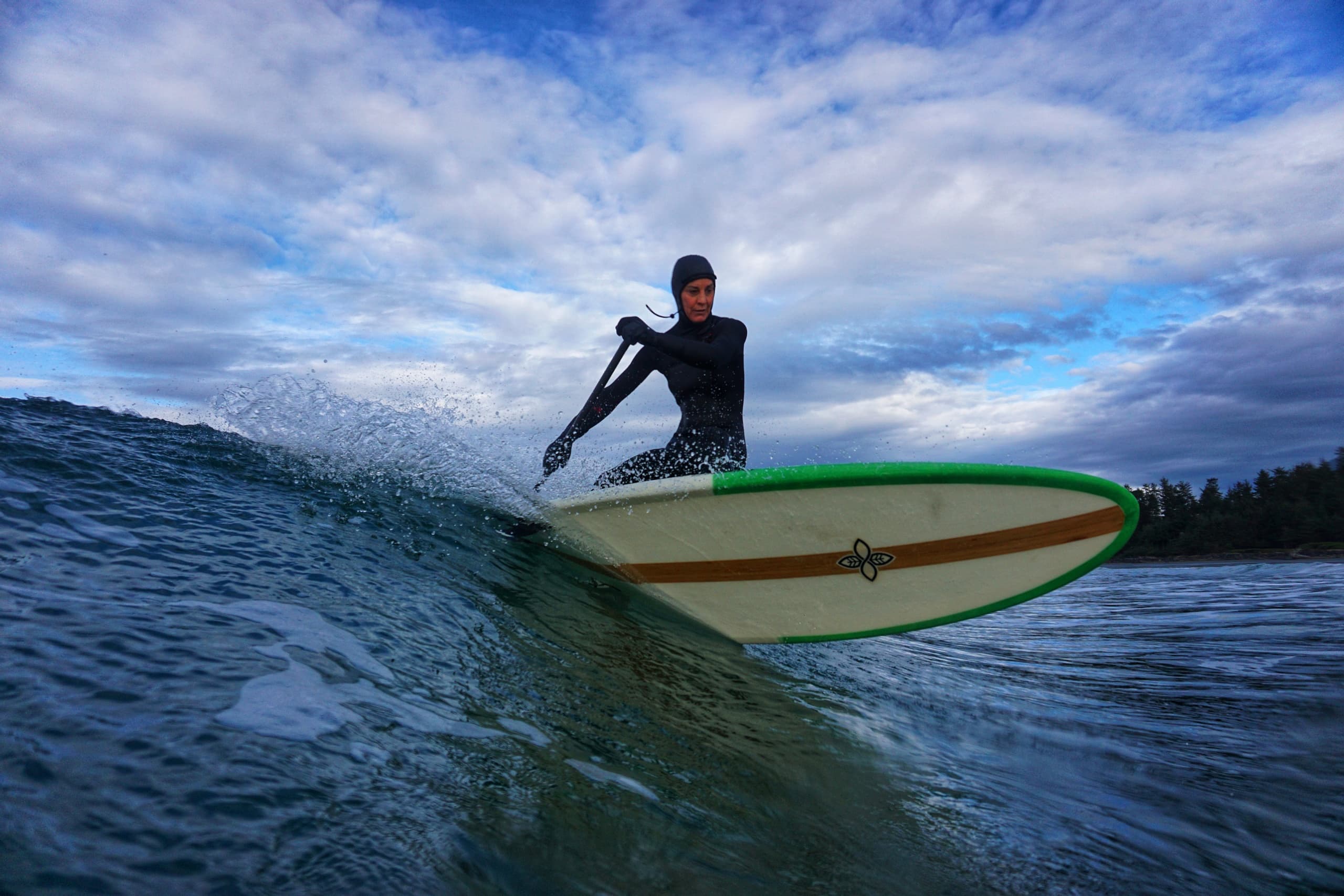 Surfer carving an ocean wave near rugged coastline