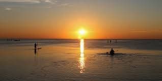 Kayakers paddling at sunset across calm coastal waters