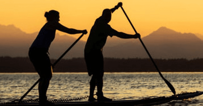 Couple paddleboarding silhouetted near mountain sunset vista