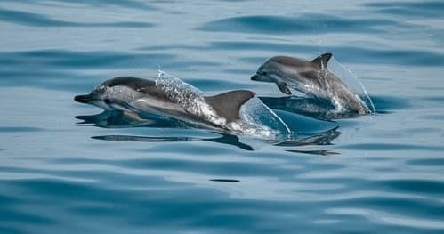 Two dolphins riding surface waves in calm open ocean, close-up