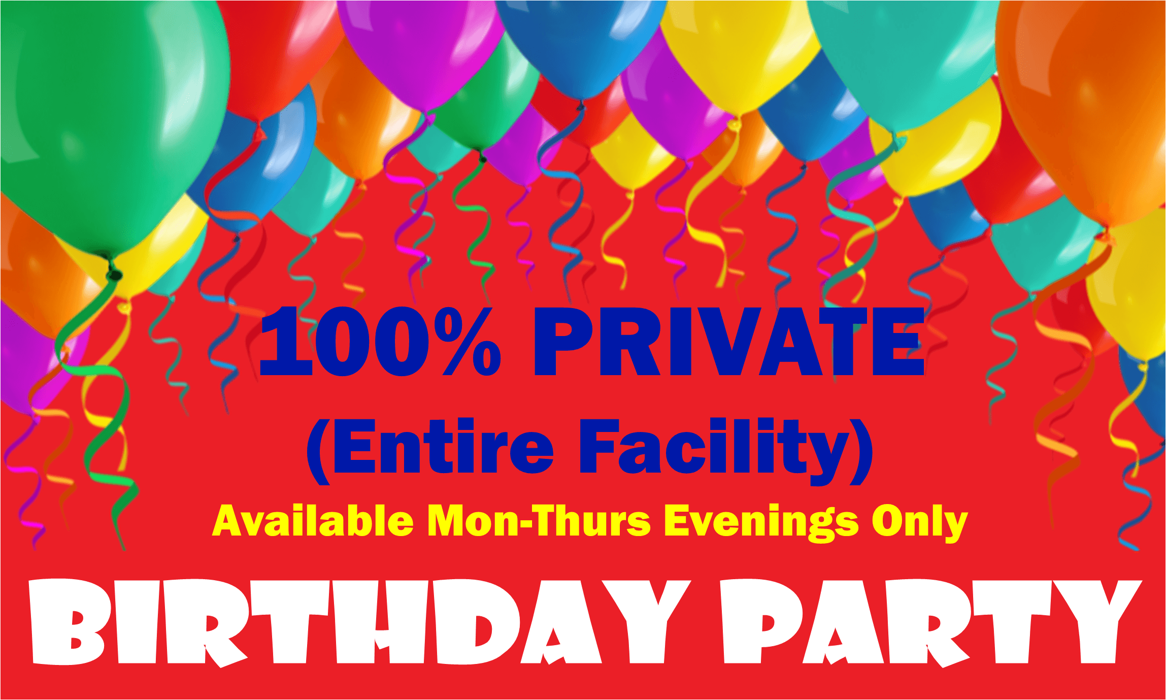 Private birthday party flyer with colorful balloons and red banner