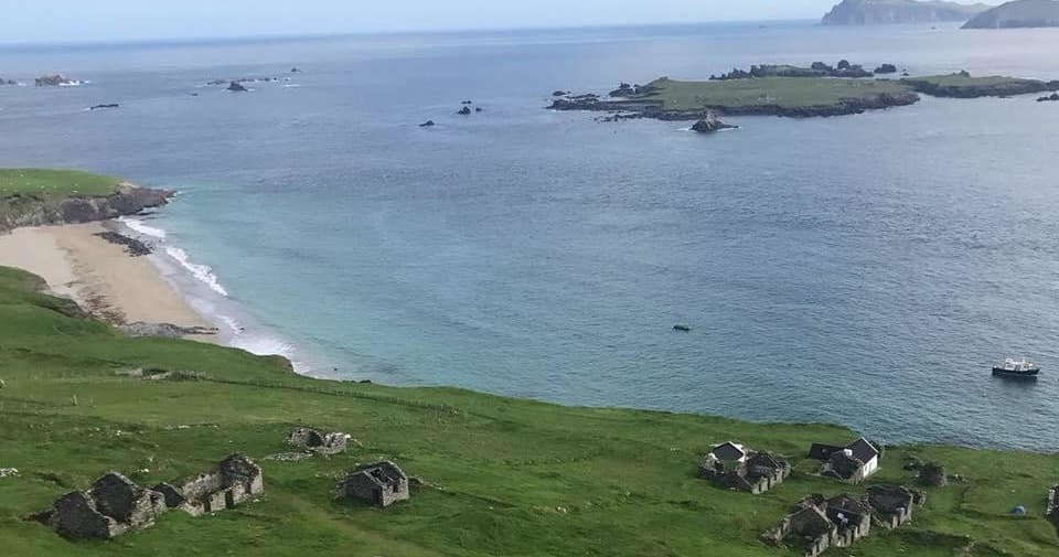 Aerial view of sandy cove and island coastline, Great Blasket