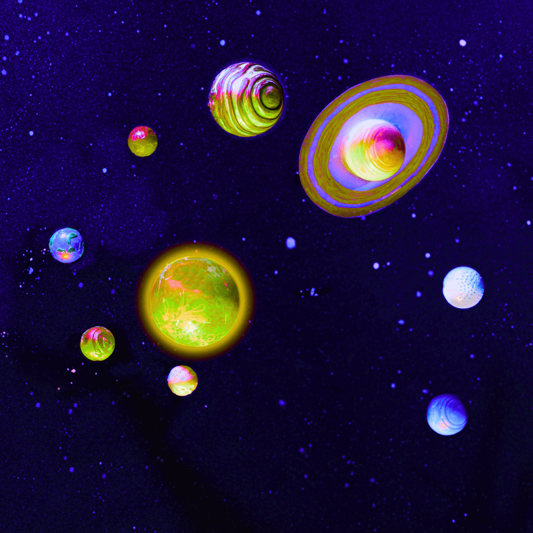 Illustrated planets floating in dark starfield cosmic artwork