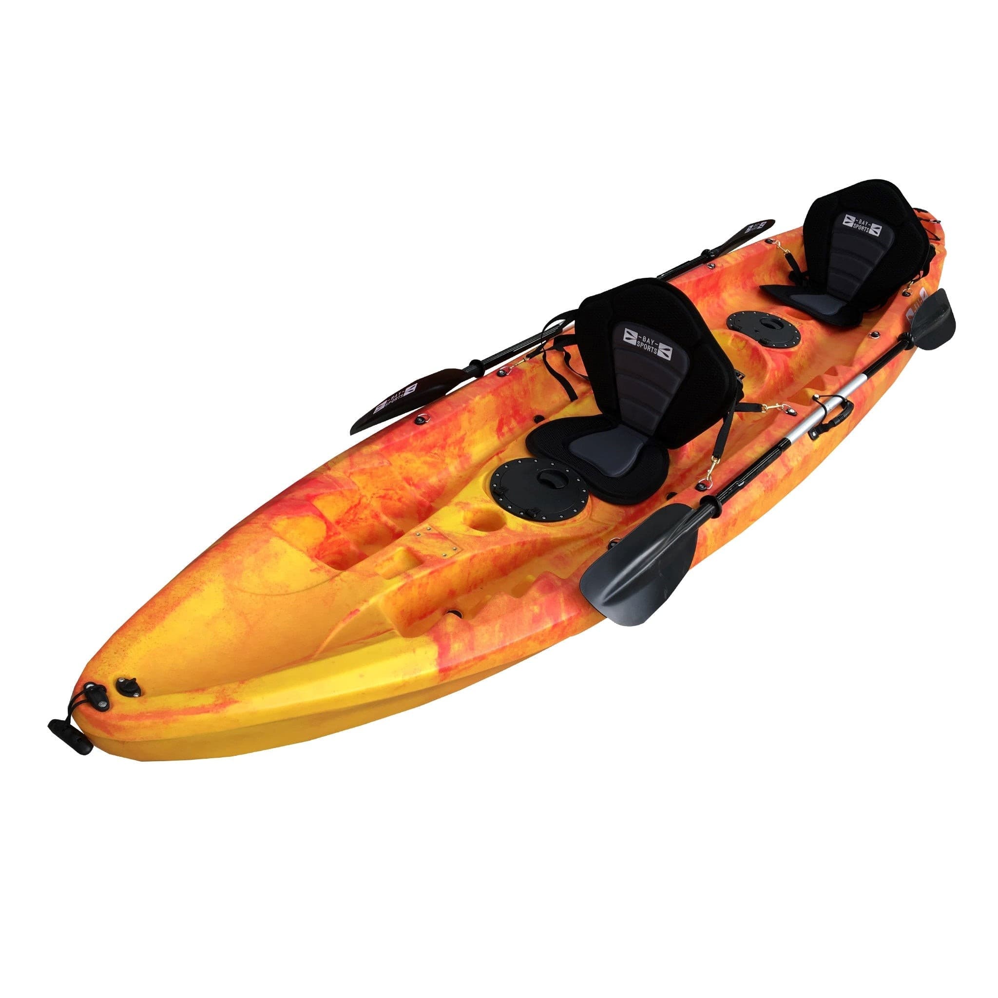 Two-person orange kayak with paddles shown on white studio