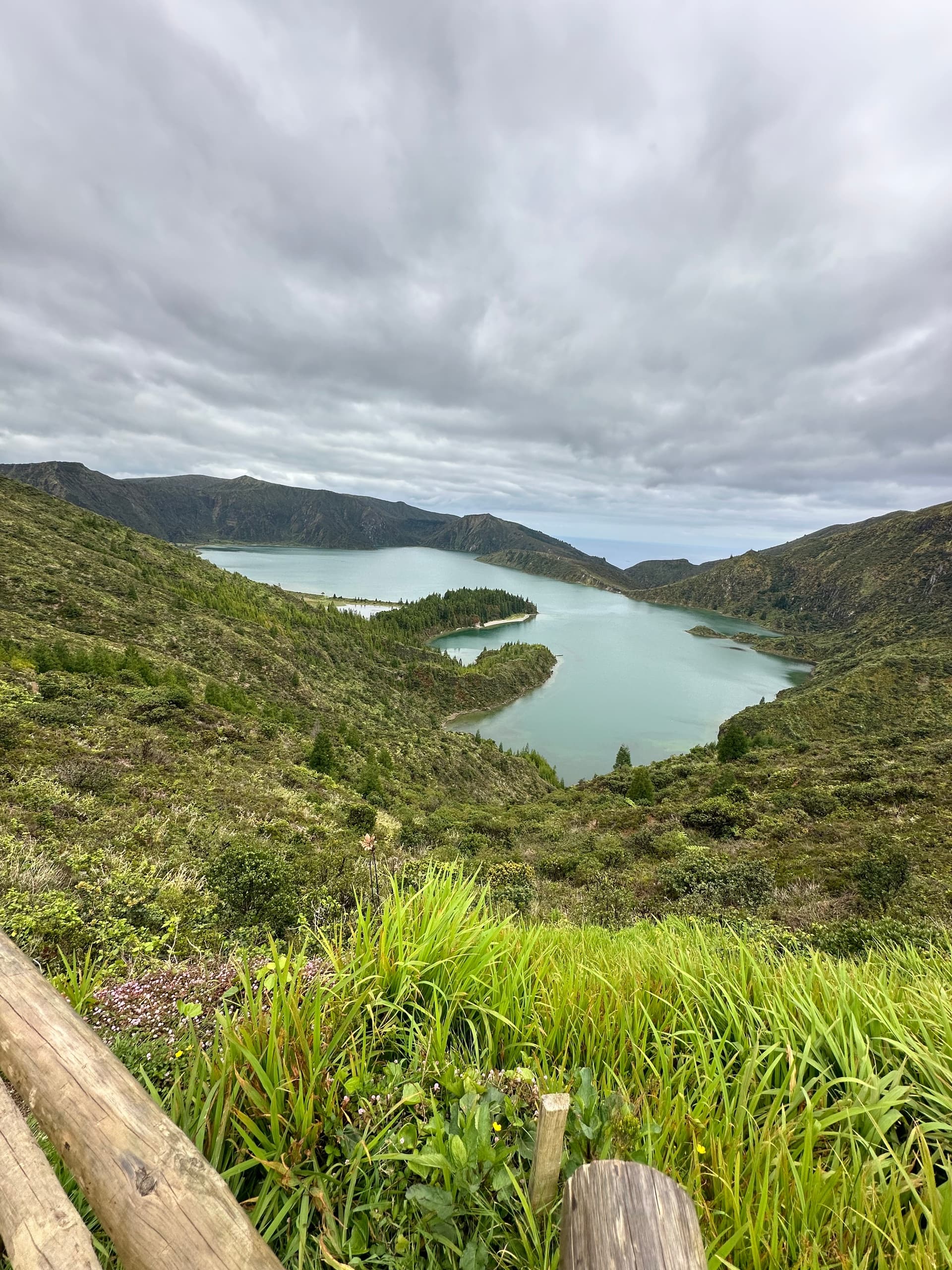 Twin crater lakes panorama in lush caldera, scenic hiking viewpoint