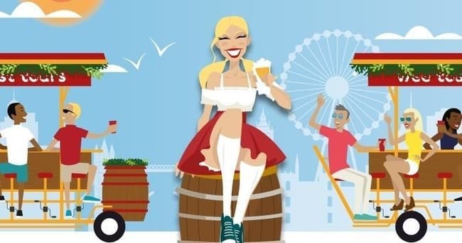 Illustrated beer bike tour in Manchester with riders and barrel