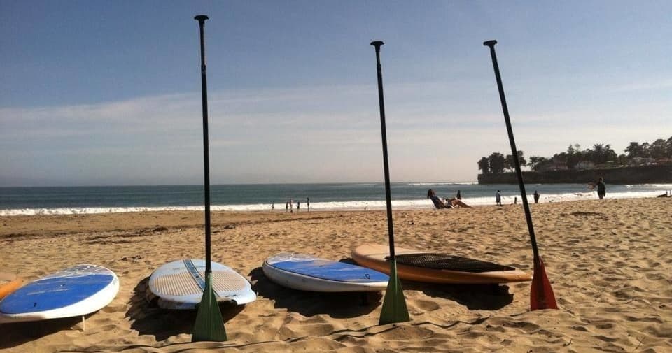 Stand-up paddleboards lined on sandy beach with clear sky