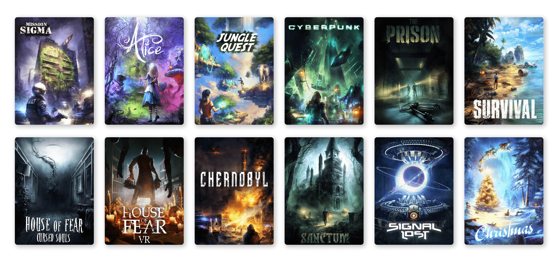 Video game covers display showcasing VR and PC titles for gamers