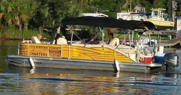 Parked charter pontoon boat docked in calm mangrove waterways