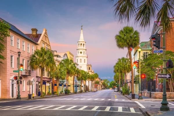 Empty historic street lined with palms toward church steeple, dawn