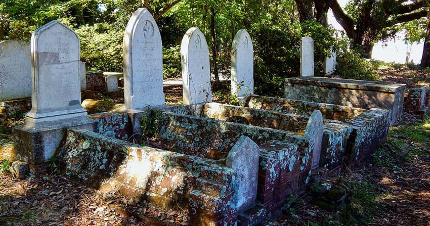 Historic overgrown cemetery tour among mossy headstones outdoors