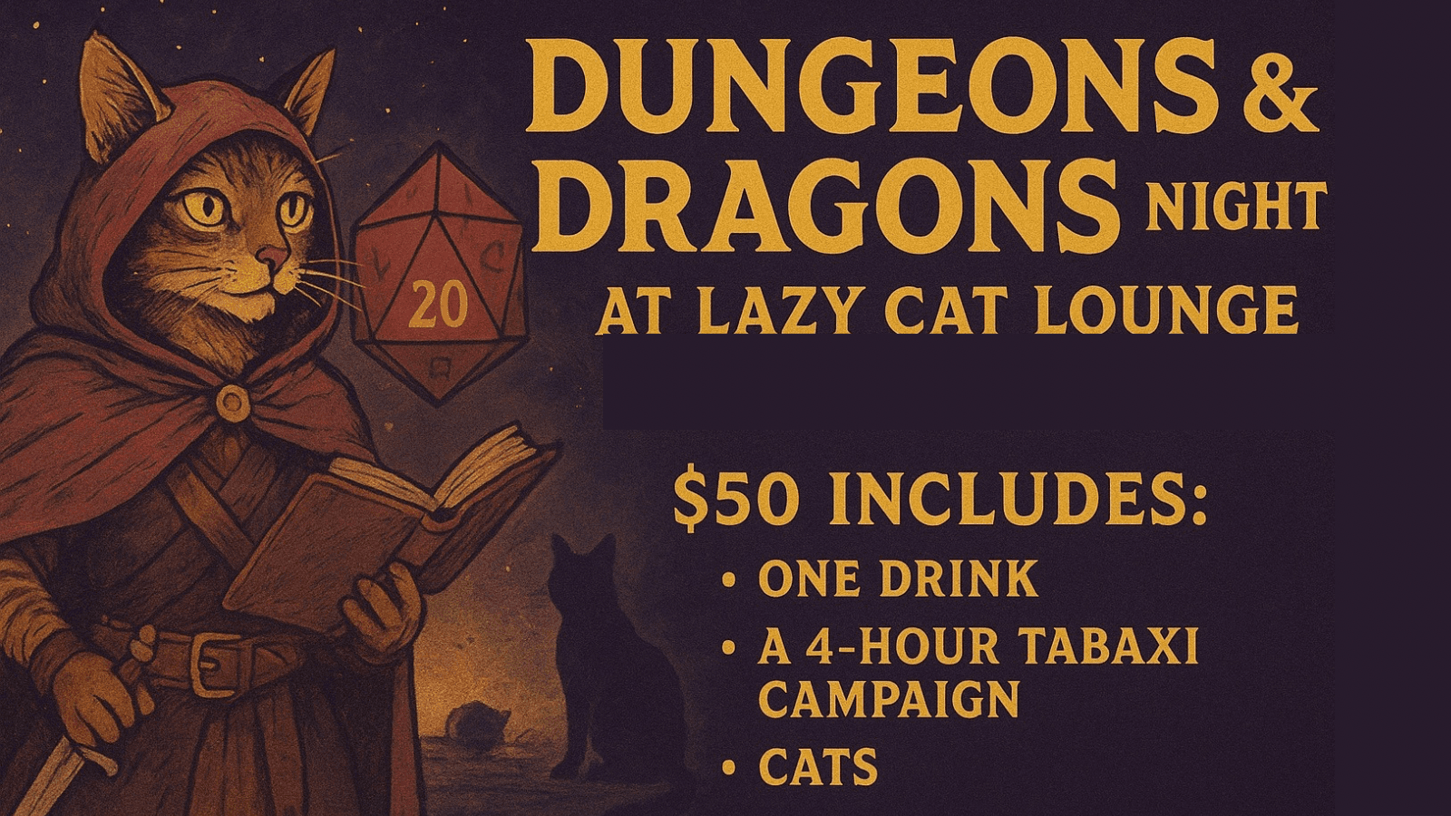 Dungeons & Dragons night poster featuring cat adventurer at lounge