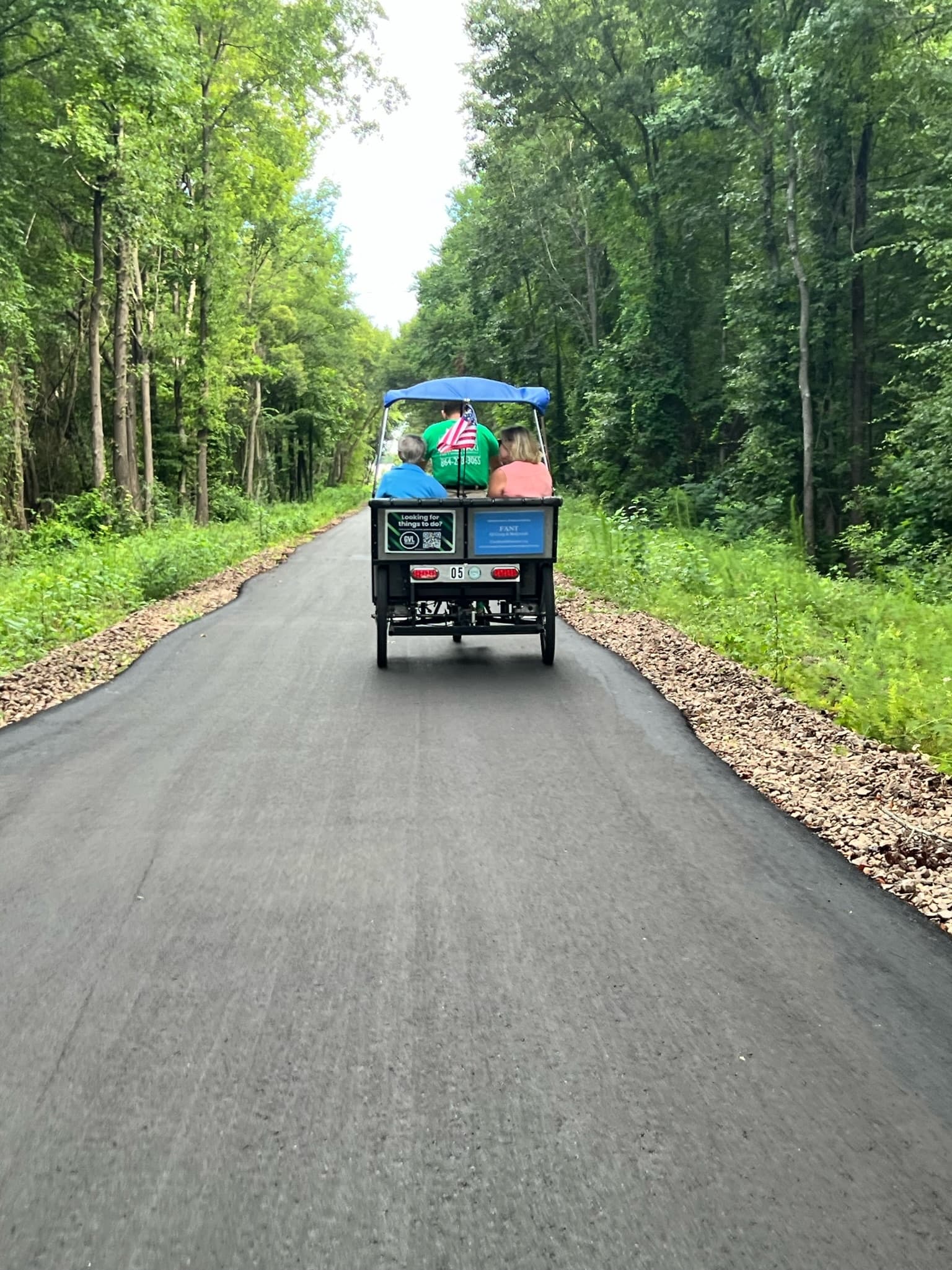 Woodland lane pedicab ride along shaded paved trail in forest