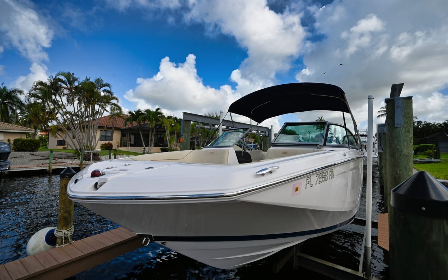 Family bowrider boat docked with palm trees on Florida waterfront