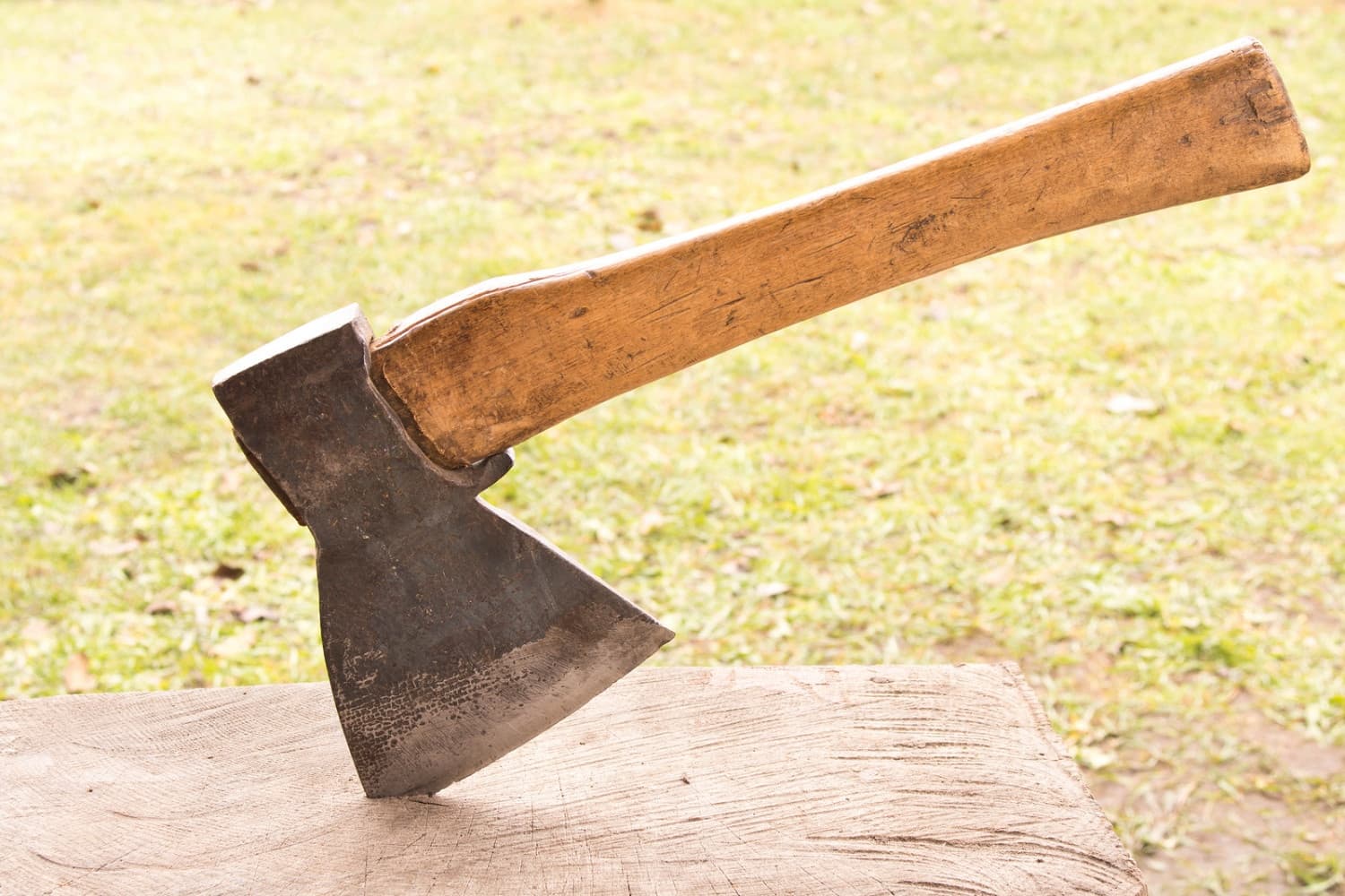Axe embedded in log on grassy field, outdoor axe-throwing practice