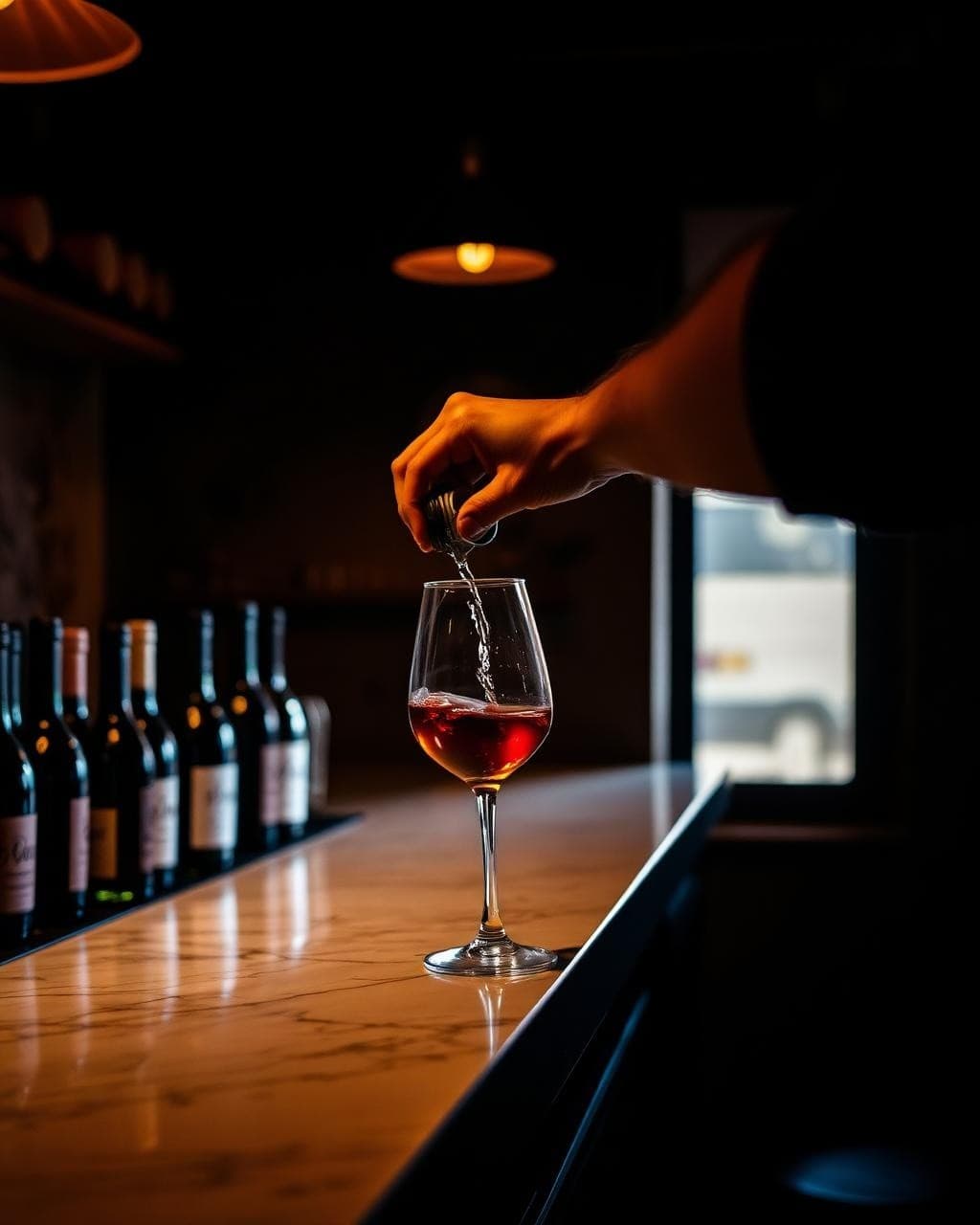 Hand pouring red wine at indoor bar counter with bottles