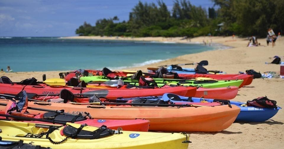 Colorful kayaks lined on sandy beach ready for paddling
