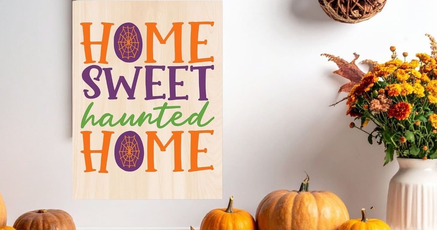 Seasonal home sign reading Home Sweet Haunted Home with pumpkins