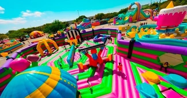 Adults navigating outdoor inflatable obstacle course at festival