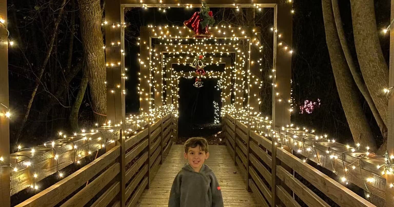 Child on illuminated wooden bridge walkway in forest at night