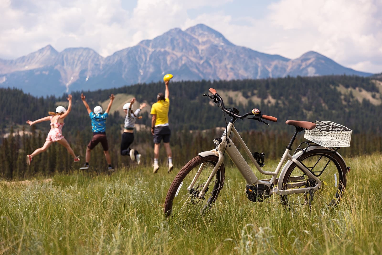 E-bike tour with friends in Jasper meadow, mountain views