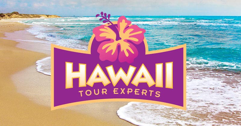 Hawaii tour logo on sandy beach with turquoise waves and surf