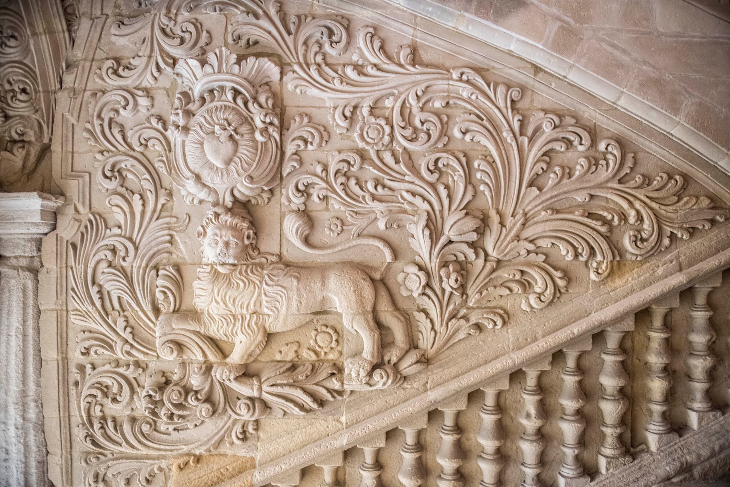 Historic stone relief on cathedral staircase, Andalusia Spain